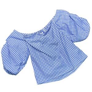 MLM LABEL | sz XS Women's Blue Gingham Off Shoulder Balloon Sleeve Pillar Top